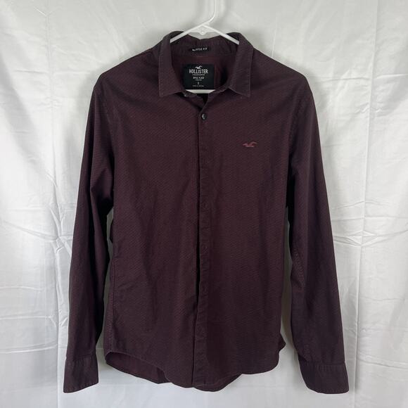 Hollister California Burgundy Epic Flex Muscle Fit Button Up Mens shirt size S - Picture 1 of 6